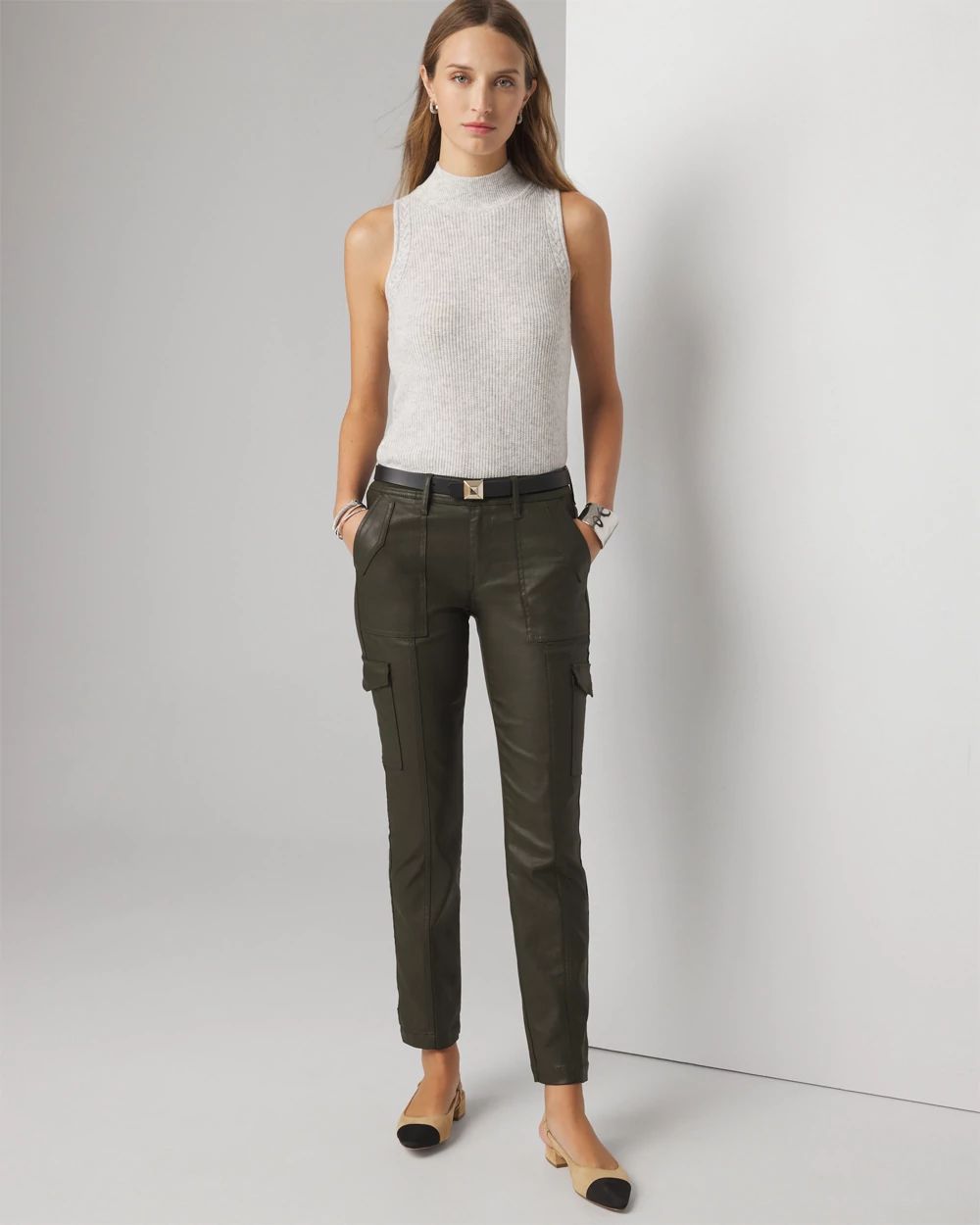 Petite Mid Rise Tapered Cargo Coated Jeans White House Black Market